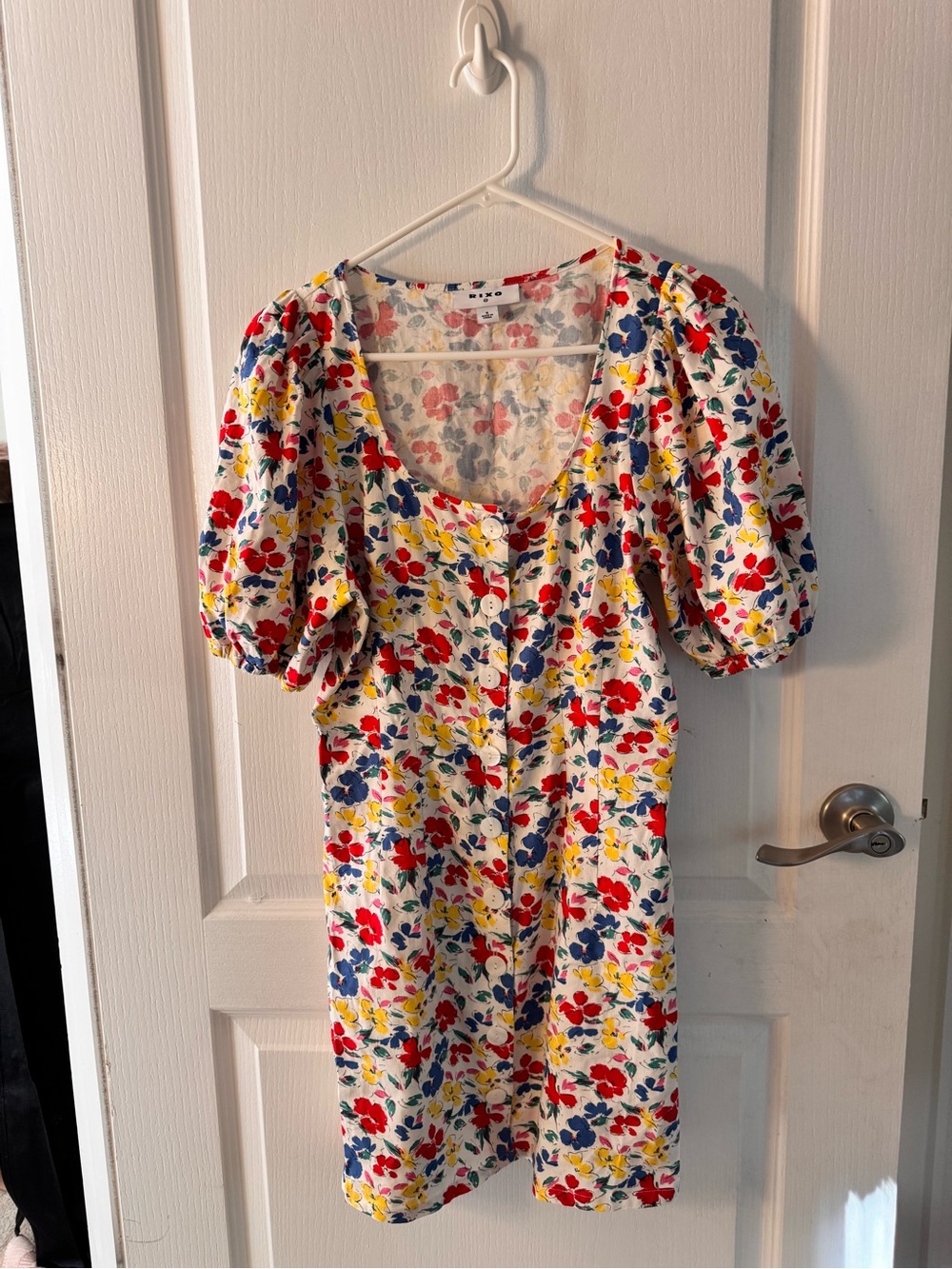 RIXO White Mini Dress with Red, Blue & Yellow Floral Print